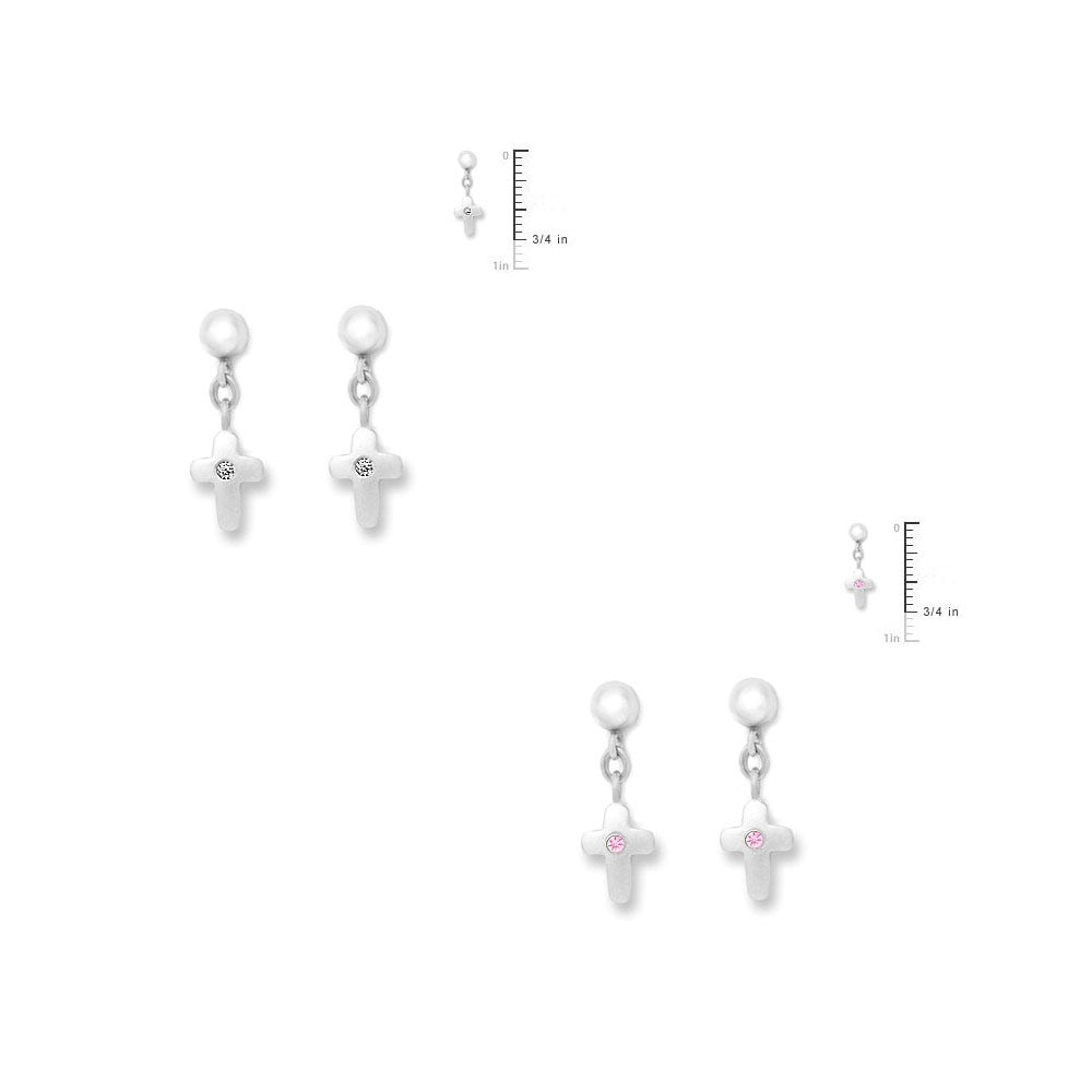 Girl's Sterling Silver Diamond Or Pink Sapphire Accent Dangling Cross Earrings 2