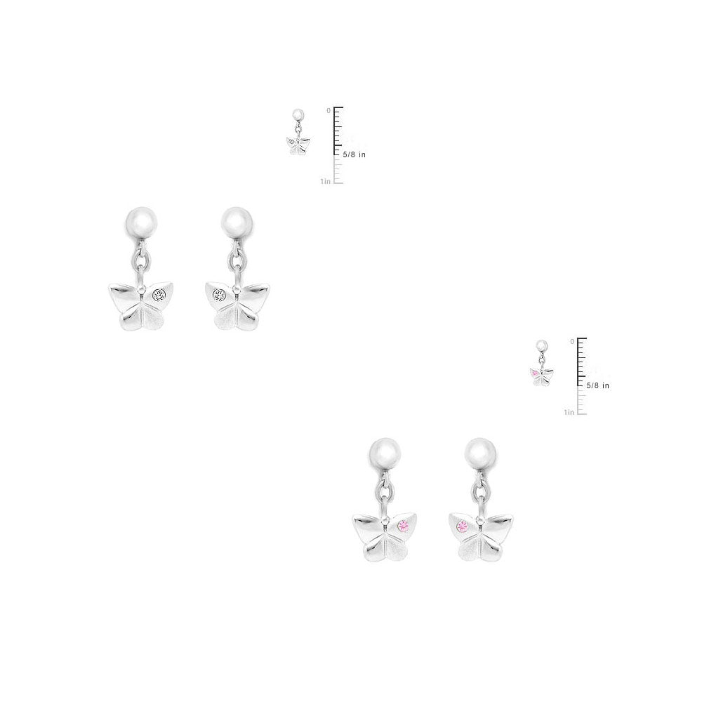 Sterling Silver Diamond Or Pink Sapphire Dangling Butterfly Earrings For Girls 2