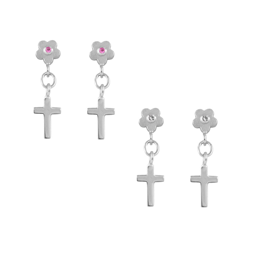 Girl Sterling Silver Diamond/Pink Sapphire Flower Dangle Cross Earrings 2