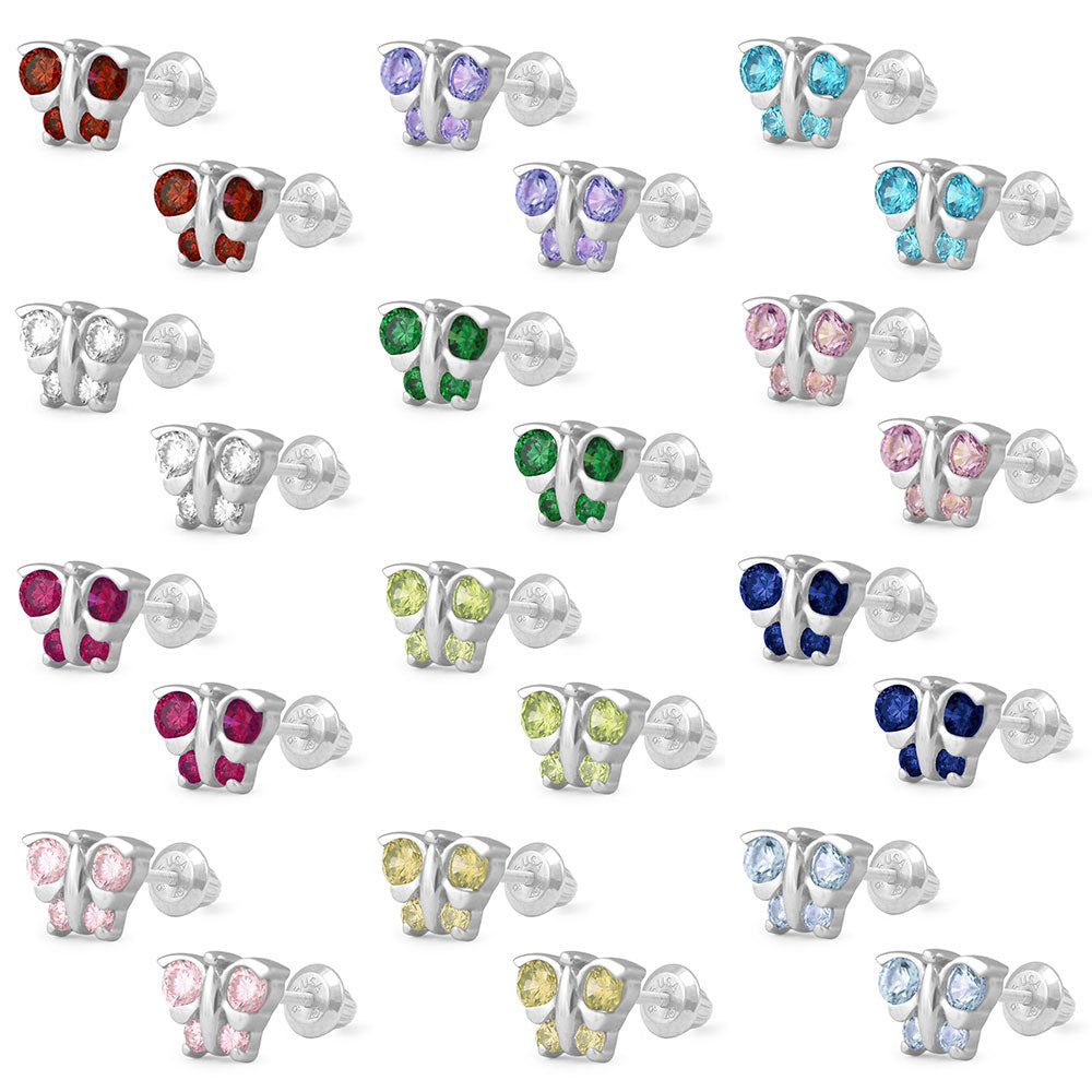 Girl's Sterling Silver Butterfly Birthstone Screw Back Stud Earrings 2