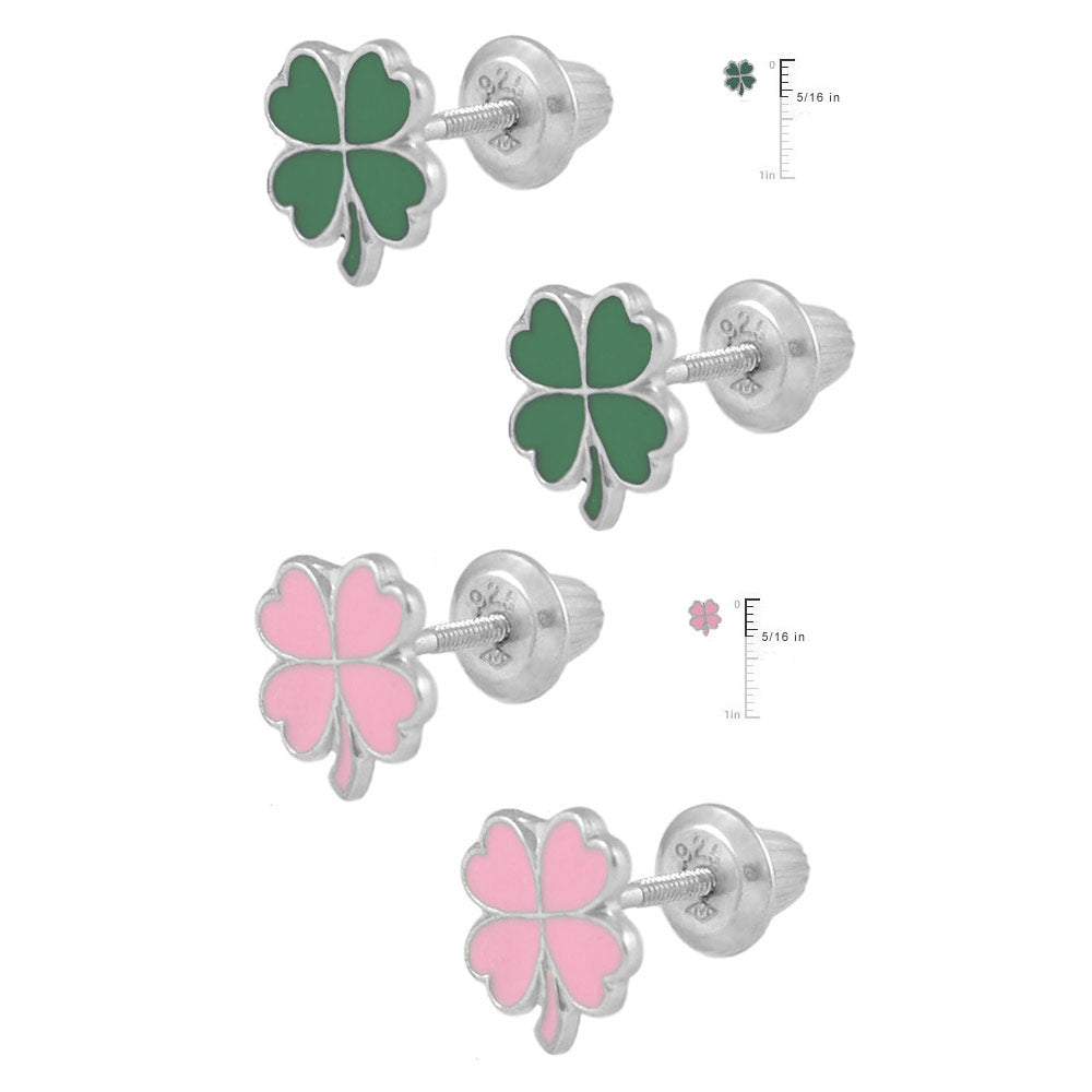Sterling Silver Green Or Pink 4-Leaf Clover Screw Back Earrings For Girls 2