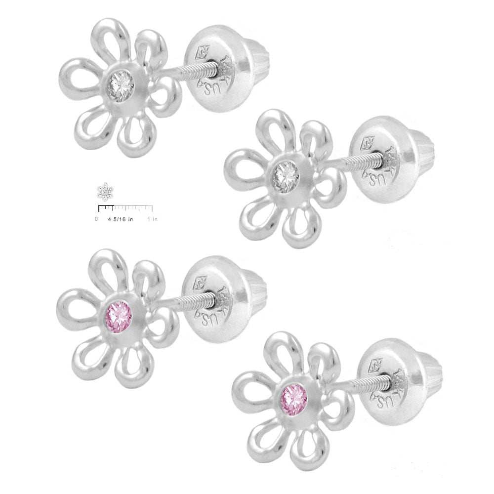 Children And Teens Sterling Silver Diamond Or Pink C.Z. Daisy Screw Back Earrings 2