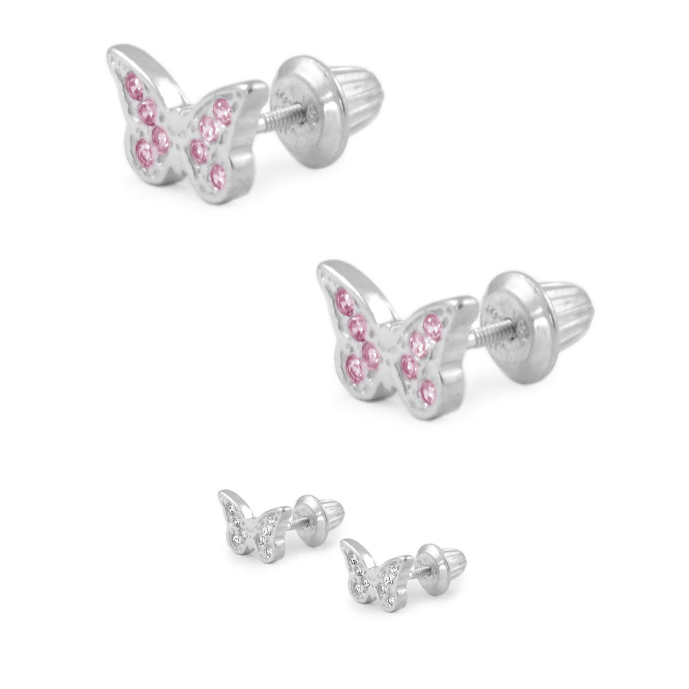 Sterling Silver White Or Pink Cubic Zirconia Butterfly Girls Screw Back Stud Earrings 2