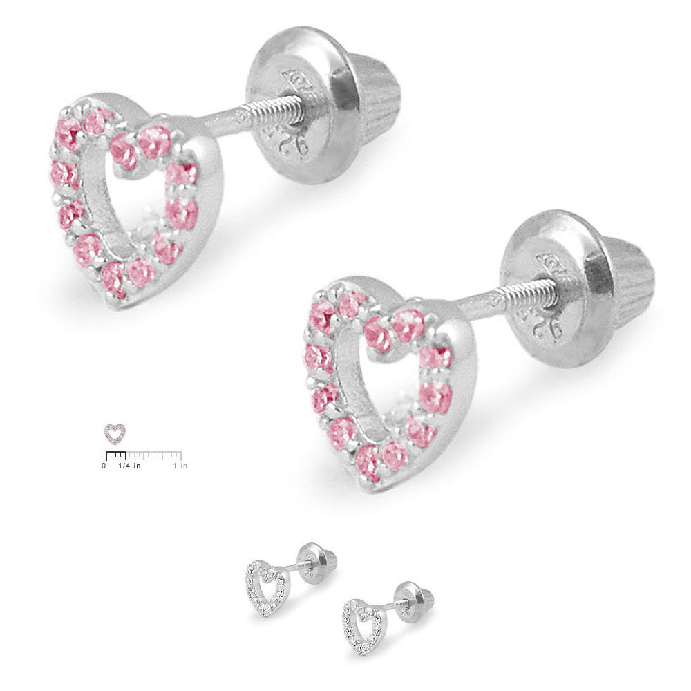 Girl's Sterling Silver White Or Pink C.Z. Open Heart Screw Back Stud Earrings 2