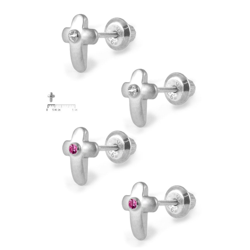 Children Jewelry - Silver Diamond Or Pink Sapphire Cross Girls Screw Back Earrings 2