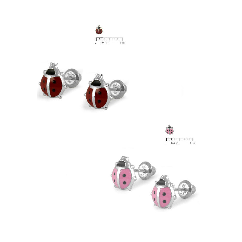 Girl Jewelry - Sterling Silver Pink Or Red Enamel Ladybug Screw Back Earring Studs 2