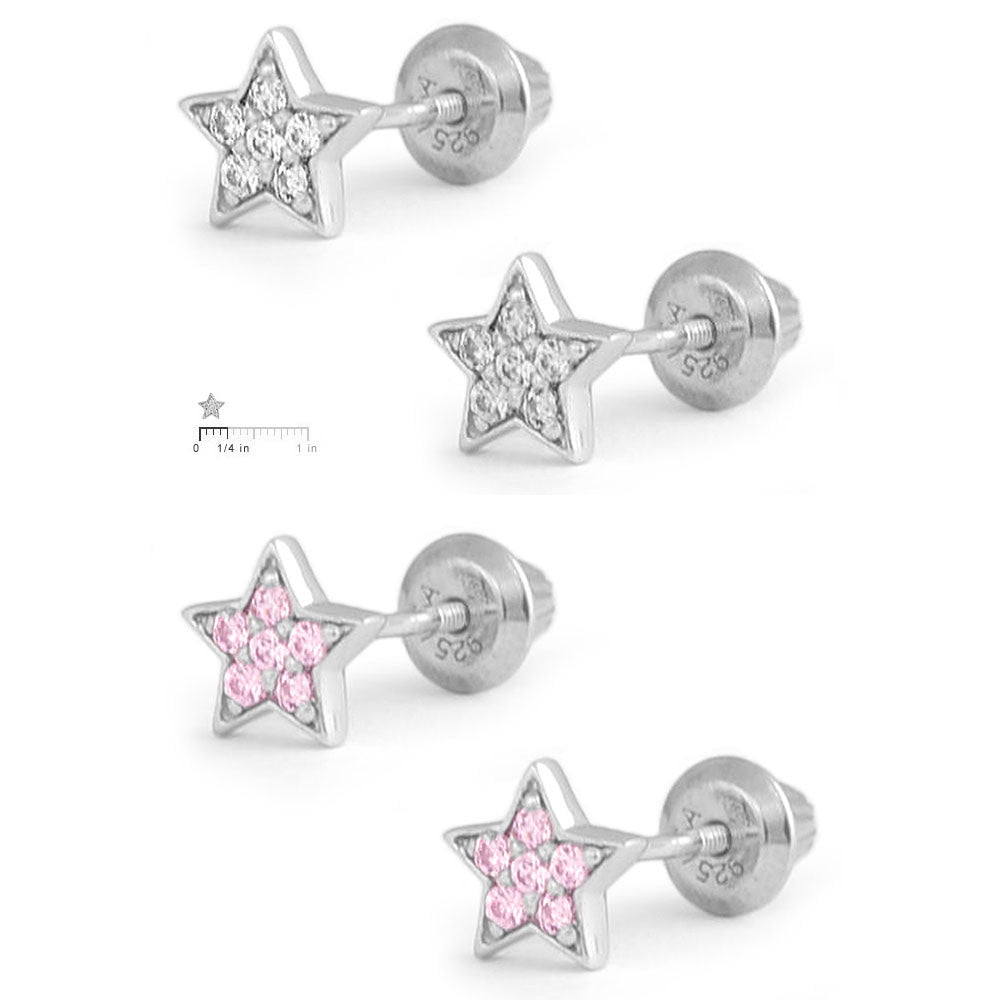 Sterling Silver White Or Pink Cubic Zirconia Star Screw Back Earrings For Girls 2