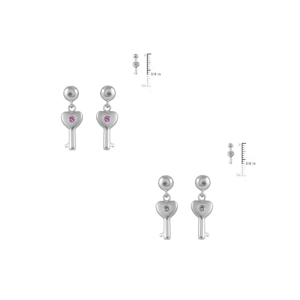 Girl's Sterling Silver Diamond/Pink Sapphire Dangle Key Earrings 2