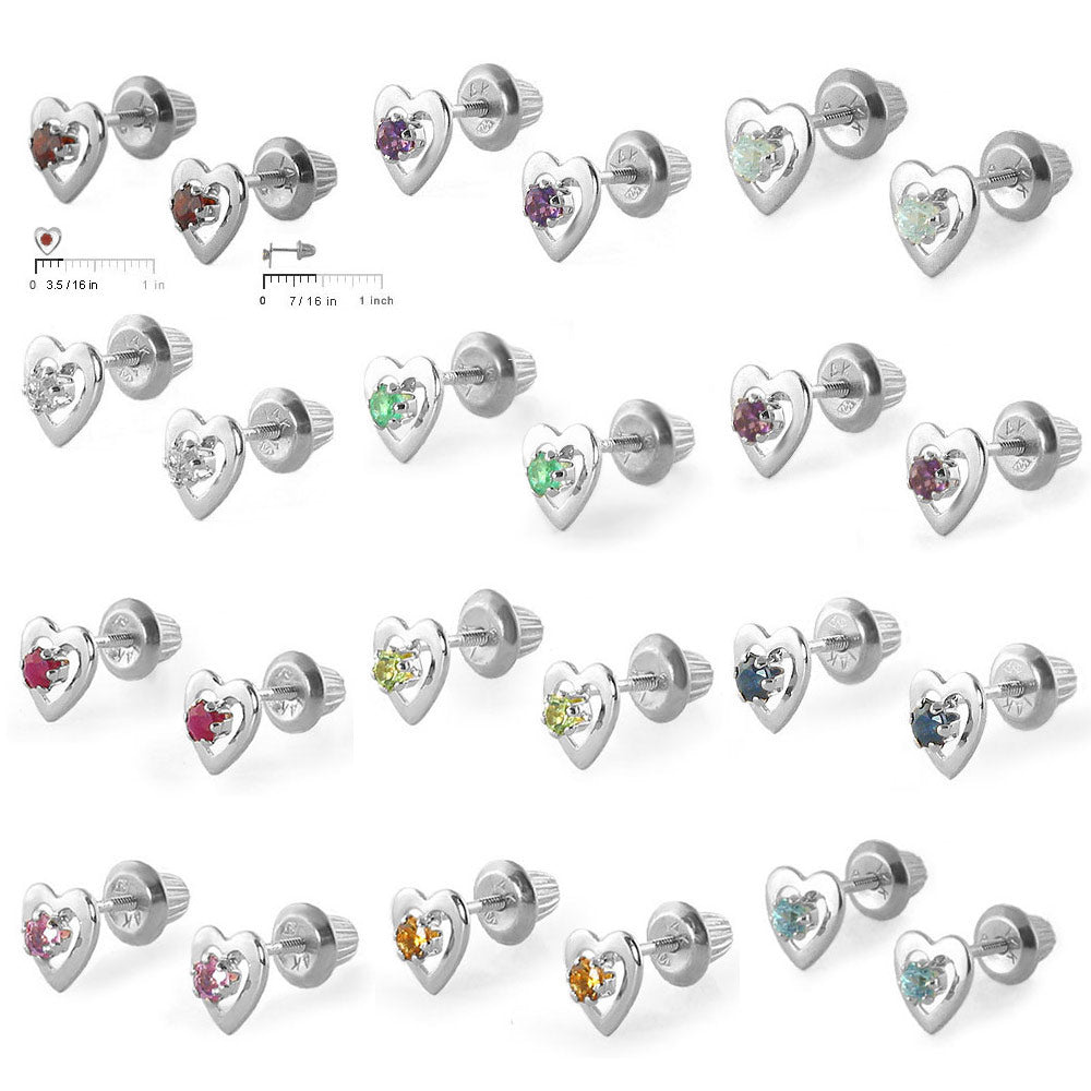 14K White Gold Heart Birthstone Screw Back Stud Earrings For Girls 2