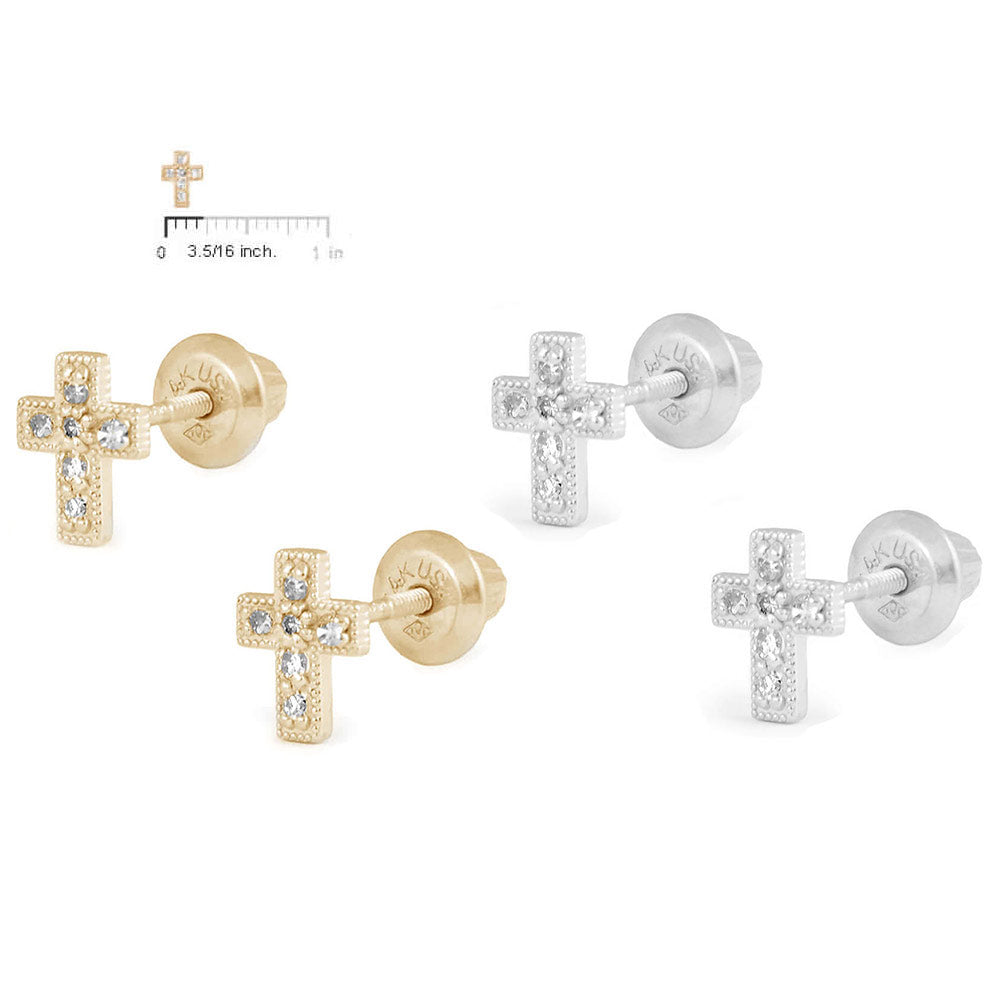 Girls Jewelry - 14K Yellow/White Gold Diamond Cross Screw Back Stud Earrings 2