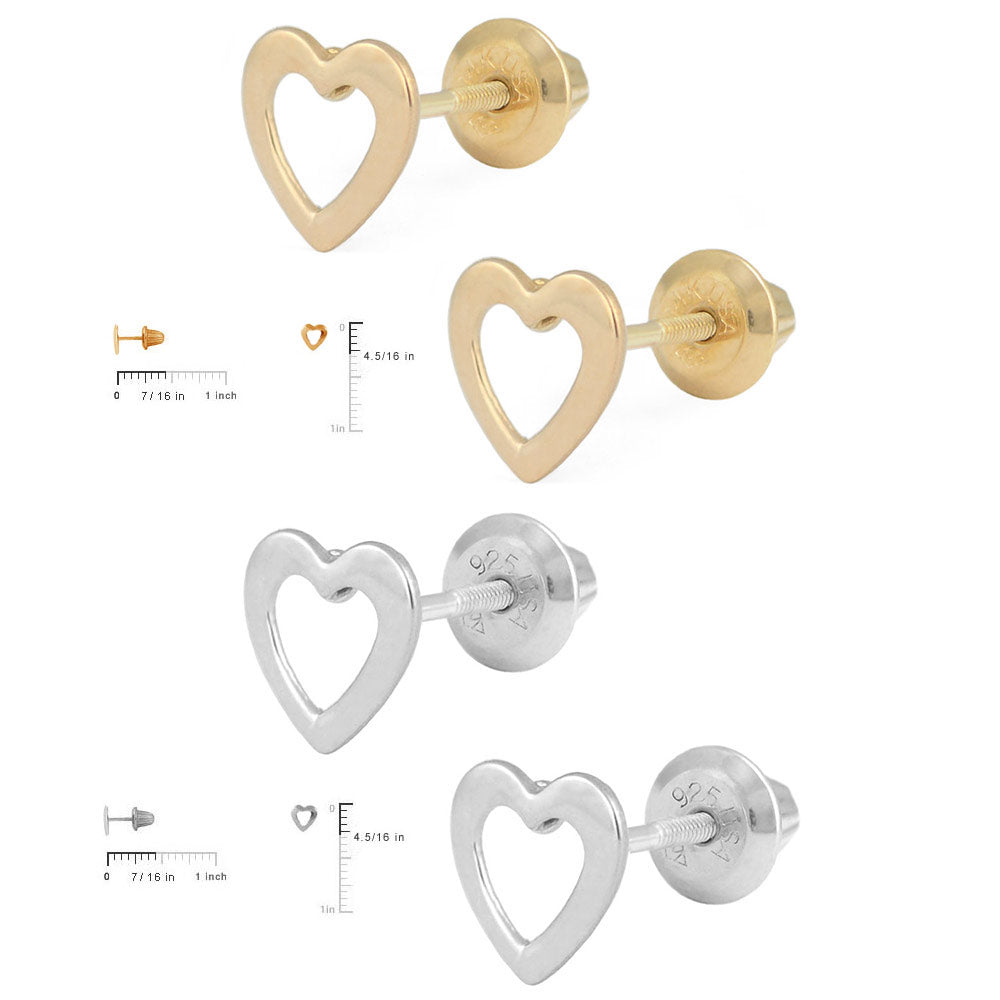 Girls Jewelry - Yellow Gold or Sterling Silver Open Heart Screw Back Earrings Sterling Silver