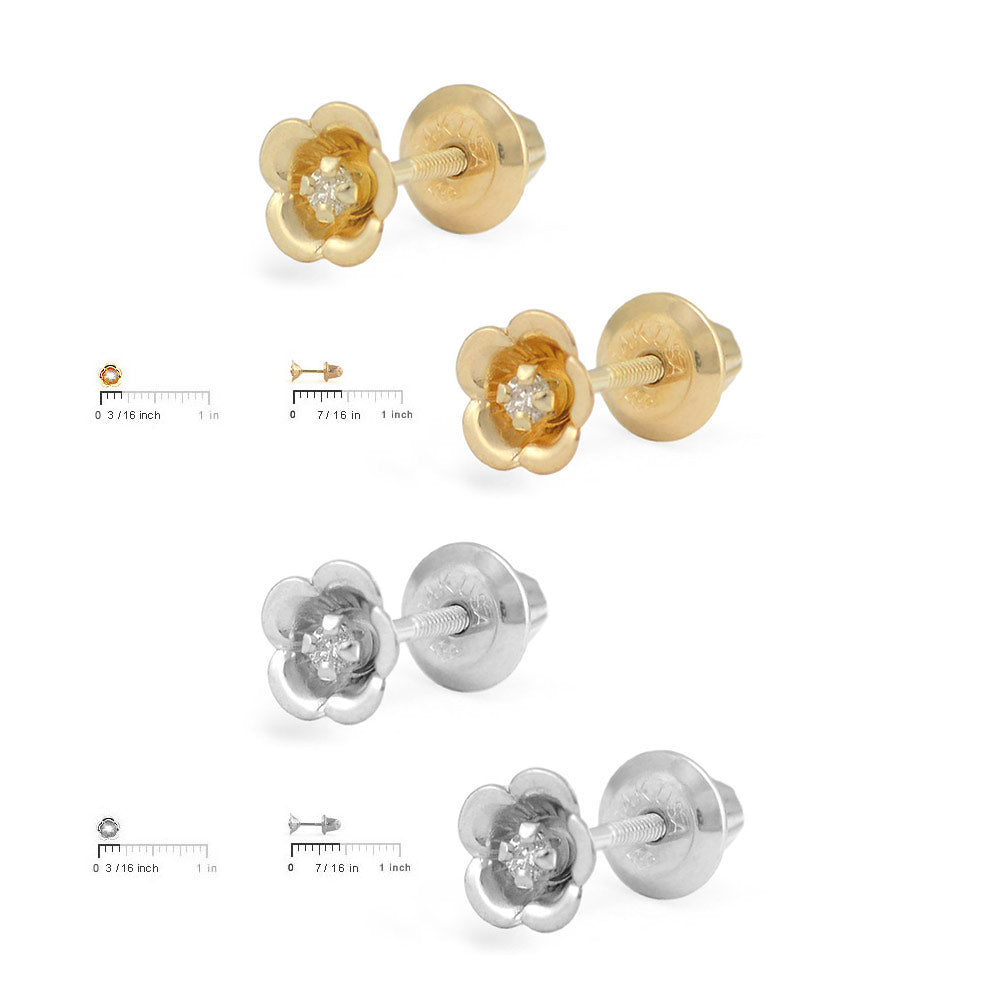 Kids Jewelry - 14K Yellow Or White Gold Diamond Flower Screw Back Earrings 2
