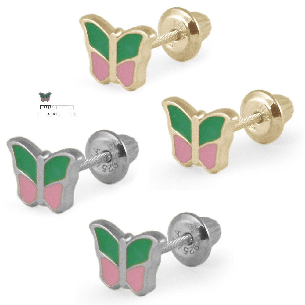 Girls Silver Or 14K Yellow Gold Pink/Green Enamel Butterfly Screw Back Earrings 2