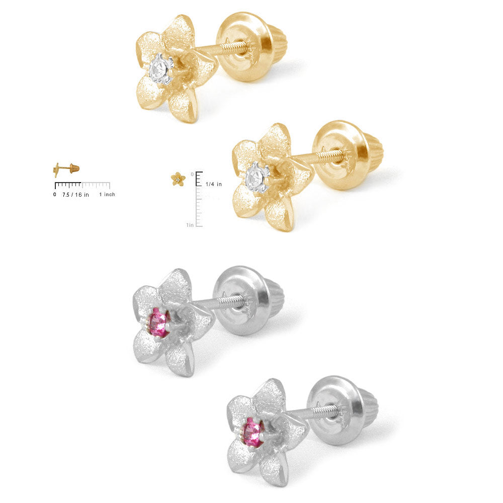 Girl's 14K Yellow Gold Diamond Or White Gold Pink Sapphire Plumeria Flower Studs 2