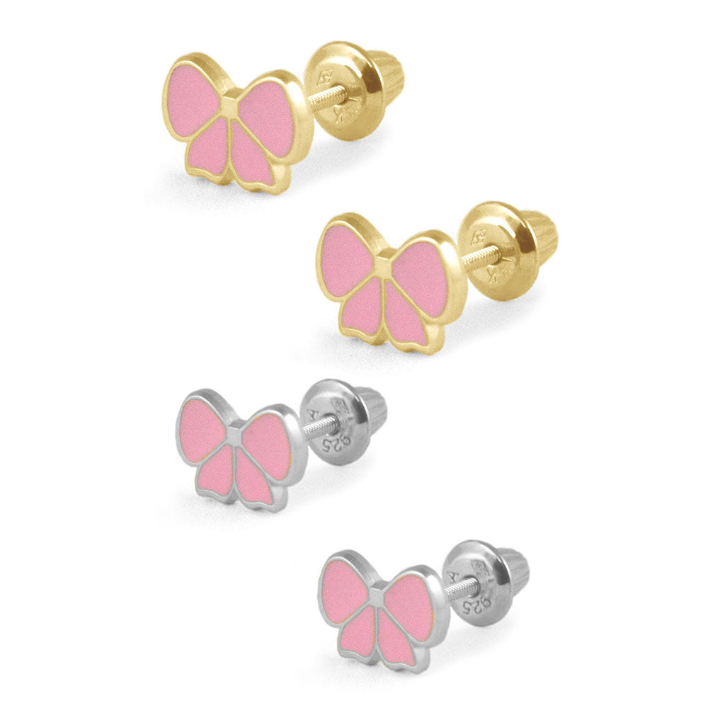 Yellow Gold Or Silver Pink Enamel Bow Screw Back Stud Earrings For Girls 2