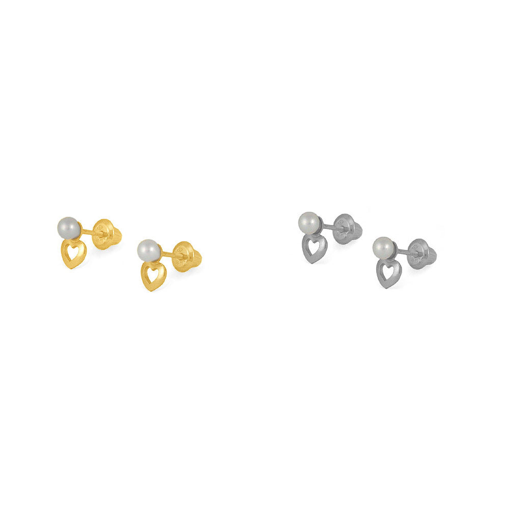 Kids 14K Yellow/White Gold Open Heart Pearl Screw Back Earrings 2