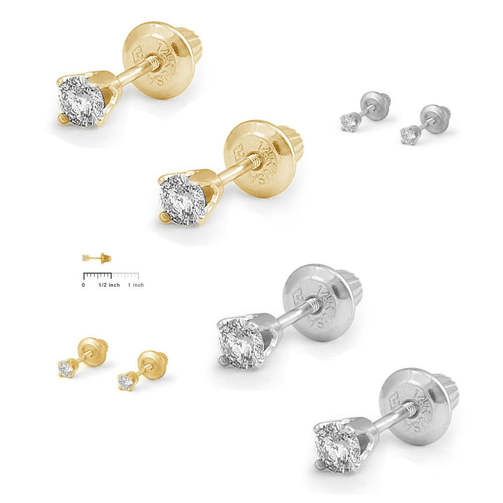 Girl Jewelry - 14K Yellow Or White Gold Diamond 4-Prong Screw Back Stud Earrings 2