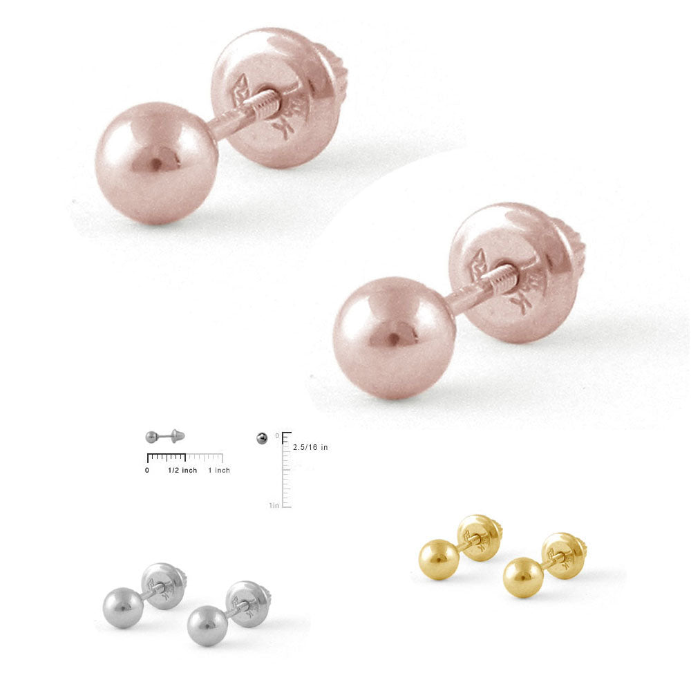 Girl's Jewelry - 14K Rose, Yellow Or White Gold 4mm Ball Screw Back Stud Earrings 2