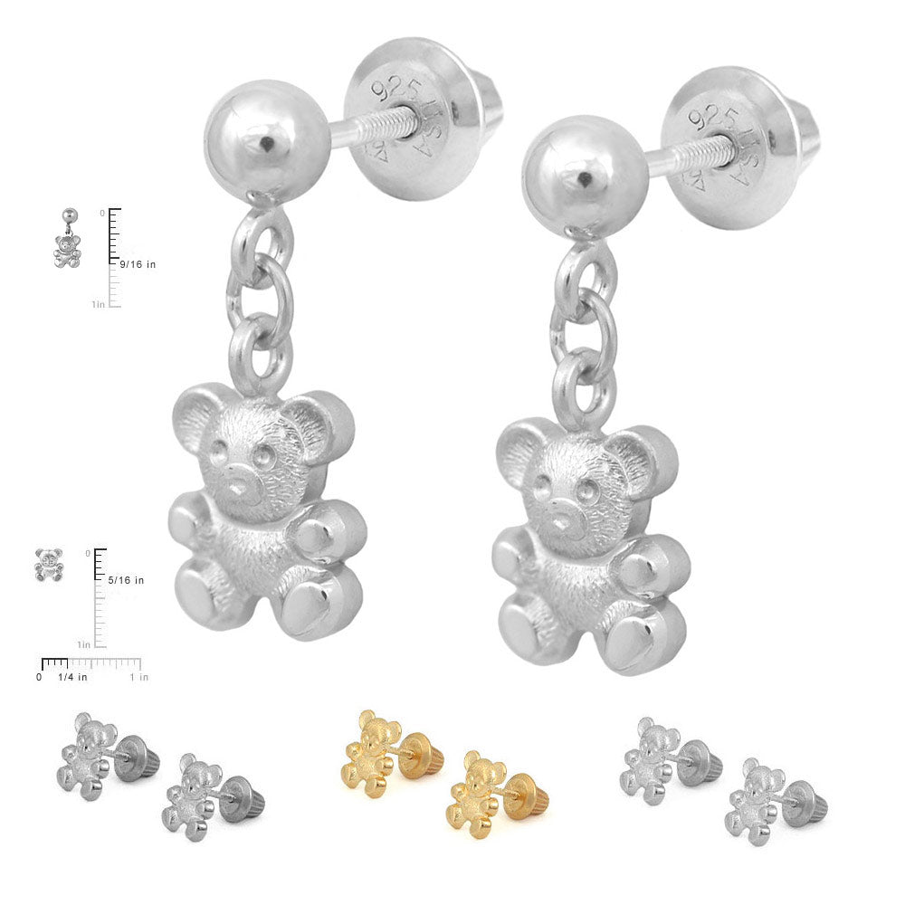 14K Gold Or Silver Teddy Bear Screw Back Earrings For Little Girls 2