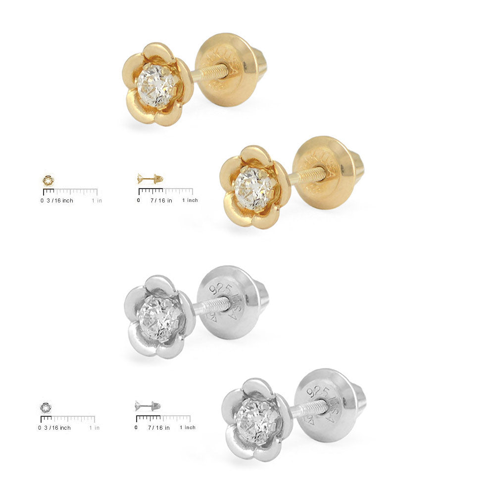 Little Girl 14K Yellow Gold Or Silver CZ Flower Shaped Screw Back Stud Earrings 2
