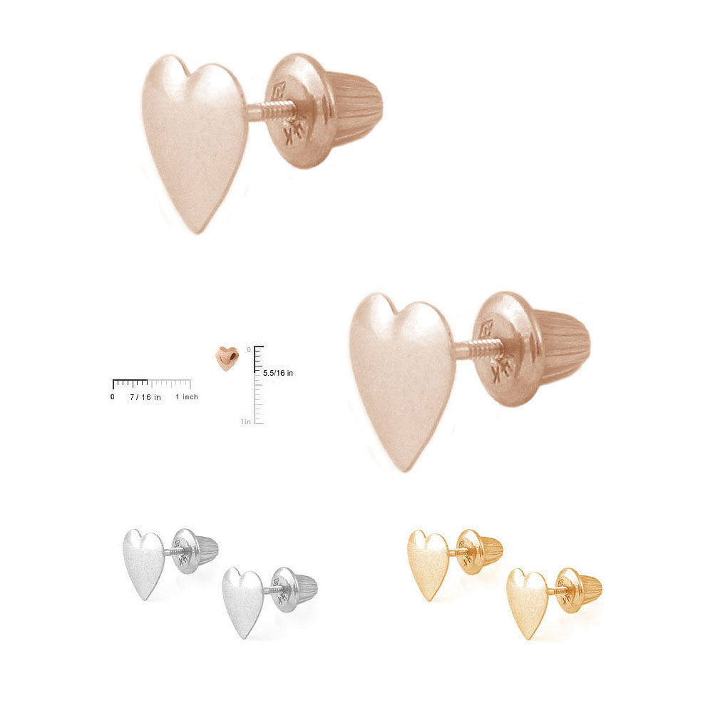 Girl's 14K Yellow, White, Rose Gold Or Sterling Silver Heart Shaped Screw Back Earrings 2