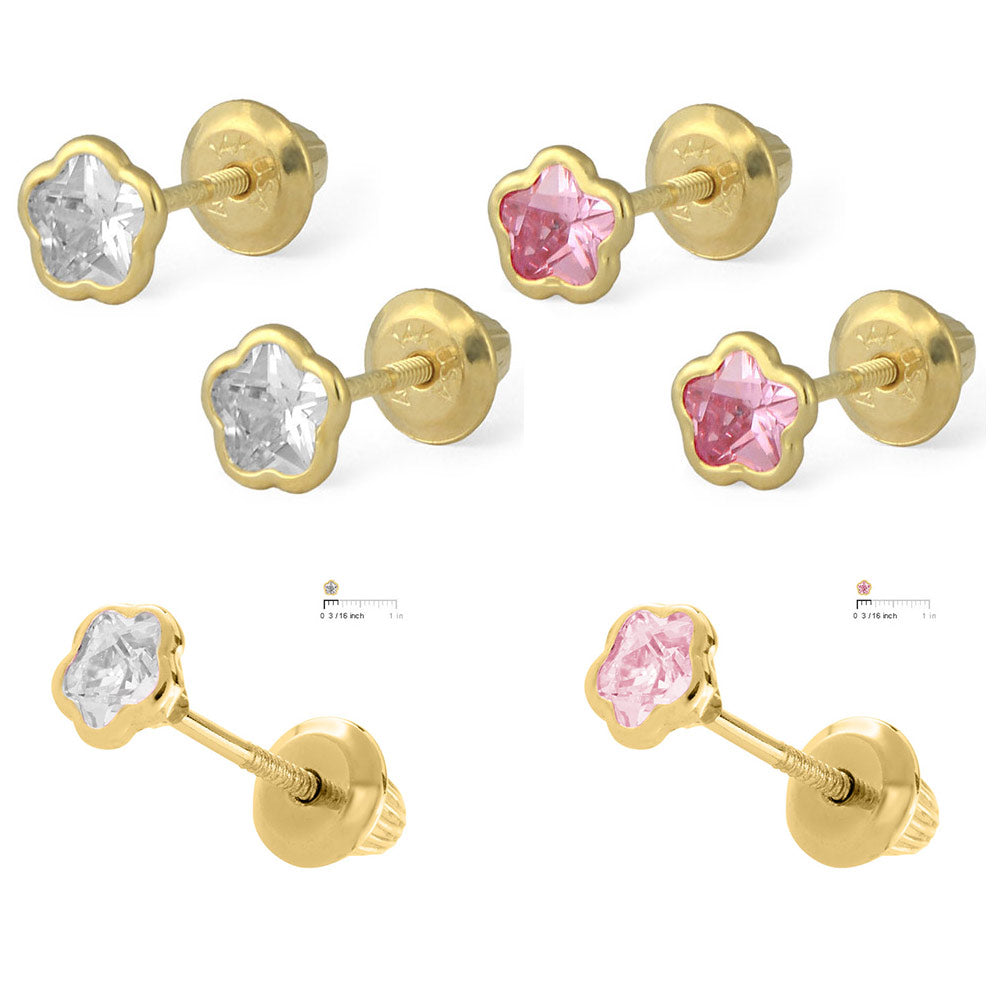 14K Yellow Gold White/Pink CZ Flower Shaped Screw Back Earrings For Girls 2