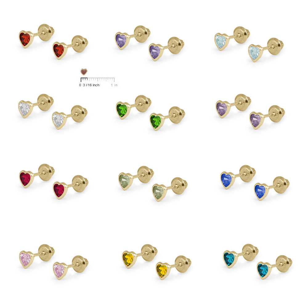 Girl's 14K Yellow Gold Simulated Birthstone Heart Shape Screw Back Stud Earrings 2