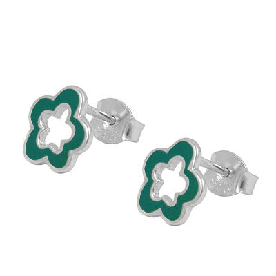 Silver Green Enameled Cutout Post Flower Kids & Teen Girls Earrings 1