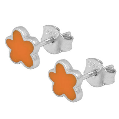 Young And Teenage Girls Silver Orange Enameled Flower Post Earrings 1