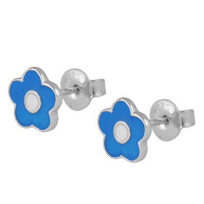 Children's Jewelry - Silver Blue Enameled Flower Earrings For Girls 1