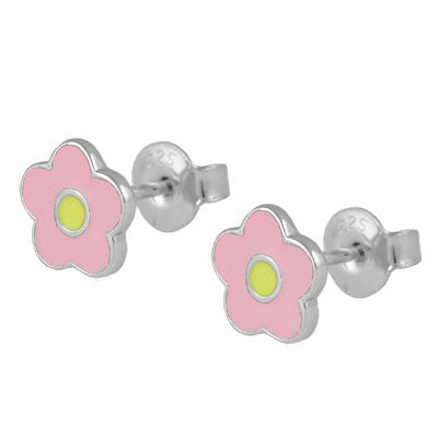 Children Jewelry - Silver Pink & Yellow Enamel Flower Girls Earrings 1