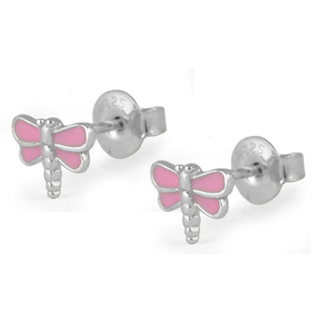 Girls Jewelry - Silver Pink Enameled Dragonfly Earrings For Children 1