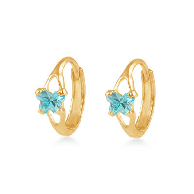 Baby 14K Yellow Gold Huggie Hoop Blue Topaz C.Z. Butterfly Earrings 1