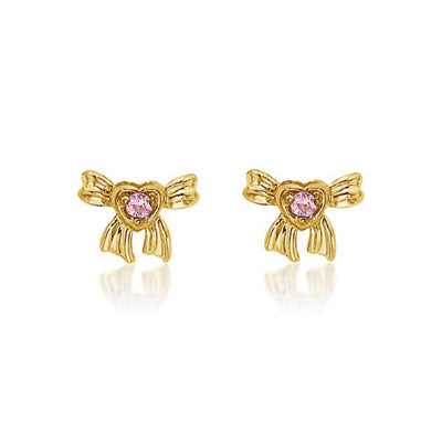 Girls 14K Yellow Gold Snow White Pink Sapphire Bow Stud Earrings 1