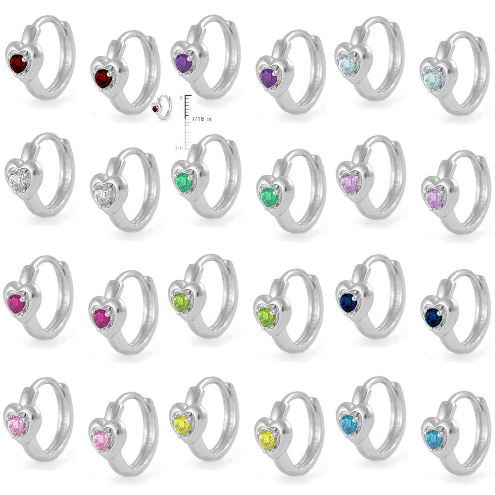 Kid's Sterling Silver Heart Birthstone Huggie Hoop Earrings For Girls 2