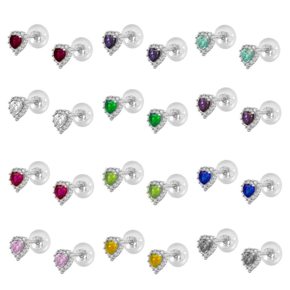 Little Girls 14K White Gold Birthstone Silicone Back Heart Shaped Earrings 2