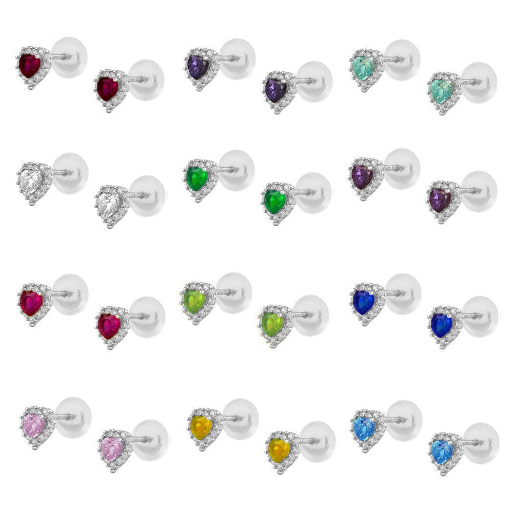 Little Girls Silver Birthstone Silicone Back Heart Shaped Earrings 2