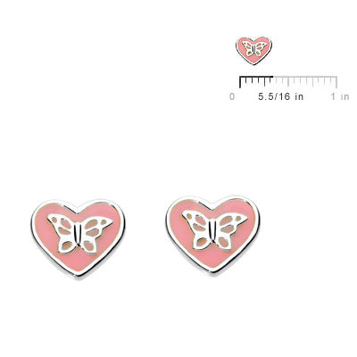 Sterling Silver Enameled Pink Heart/Butterfly Earrings For Girls 1