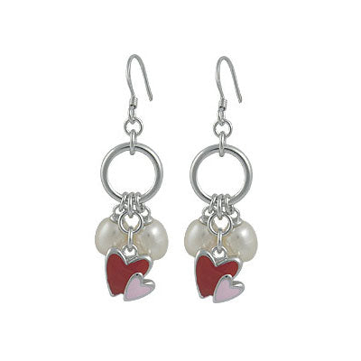 Teen Jewelry For Girls - Silver Enameled Heart Cultured Pearl Hook On Earrings 1