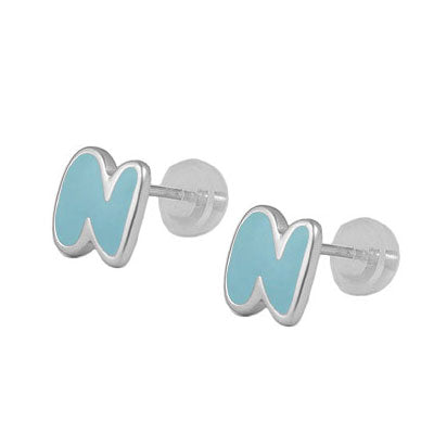 Kids Jewelry - Sterling Silver Color Enameled Initial Silicone Back Earrings