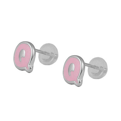 Kids Jewelry - Sterling Silver Color Enameled Initial Silicone Back Earrings