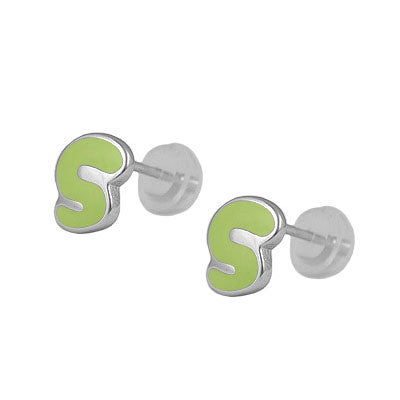 Kids Jewelry - Sterling Silver Color Enameled Initial Silicone Back Earrings