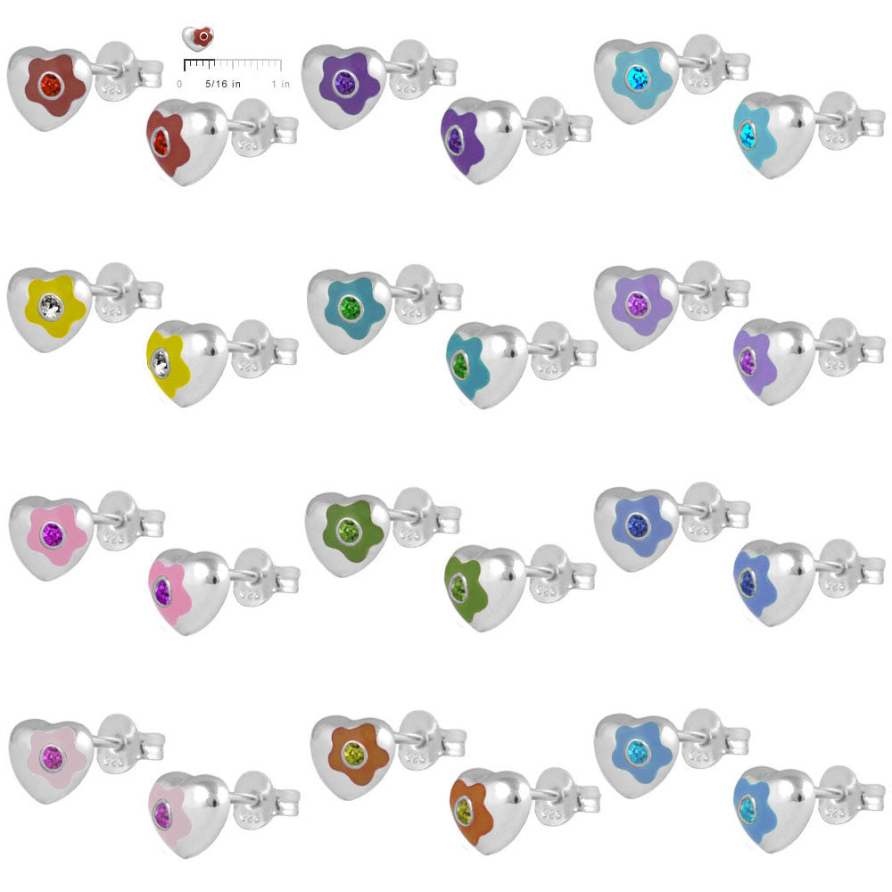 Sterling Silver Simulated Birthstone Flower Enamel Heart Girls Stud Earrings 2