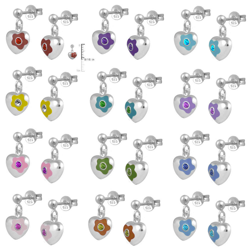 Sterling Silver Simulated Birthstone Flower Heart Dangling Girls Earrings 2