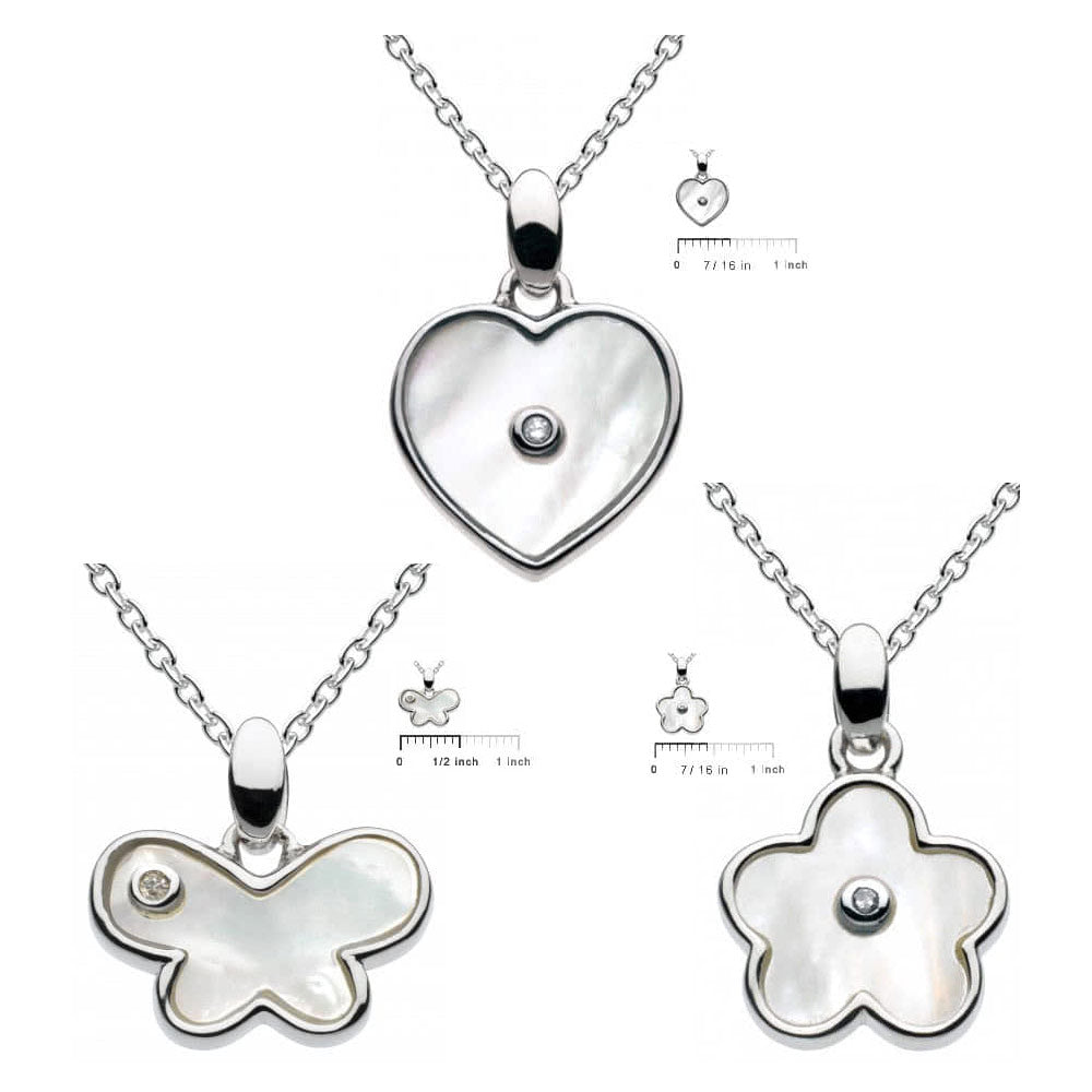 Girls Silver Mother of Pearl Diamond Flower/Heart/Butterfly Necklace (16-18 in) 2