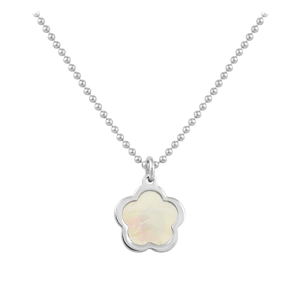 Sterling Silver White Or Pink Mother of Pearl Flower Necklace For Girls (15-16 1/2 in)