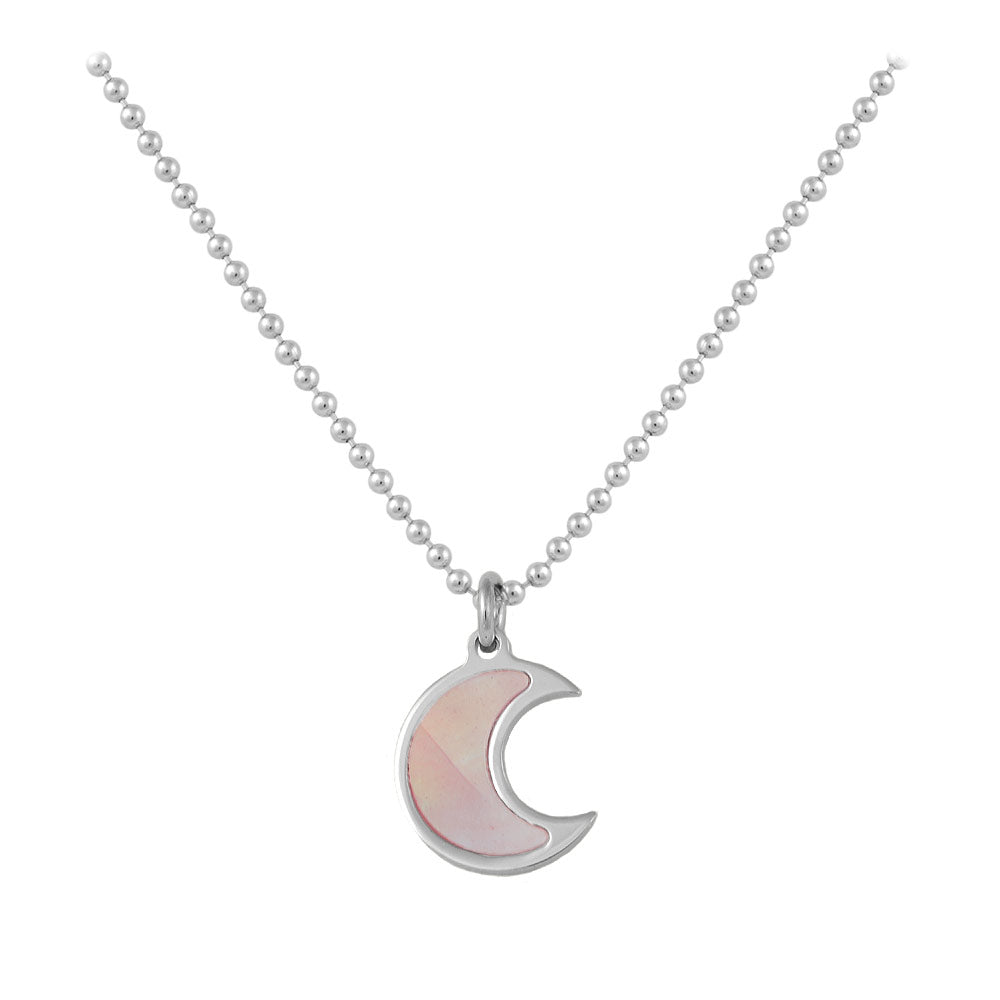 Sterling Silver White Or Pink Mother of Pearl Half Moon Necklace For Girls (15-16 1/2 in)