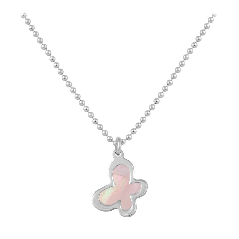 Sterling Silver White Or Pink Mother of Pearl Butterfly Necklace For Girls (15-16 1/2 in)