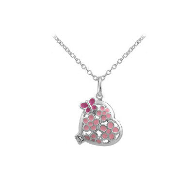 Girls Jewelry - Silver Pink Enameled Heart Flower Butterfly Necklace (12-18 in) 1
