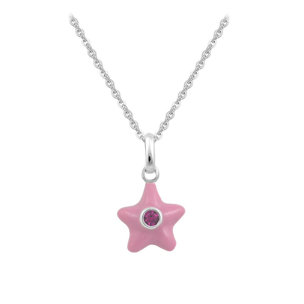 Sterling Silver Girl's Birthstone Enamel Star Pendant Necklace (12-18 In)